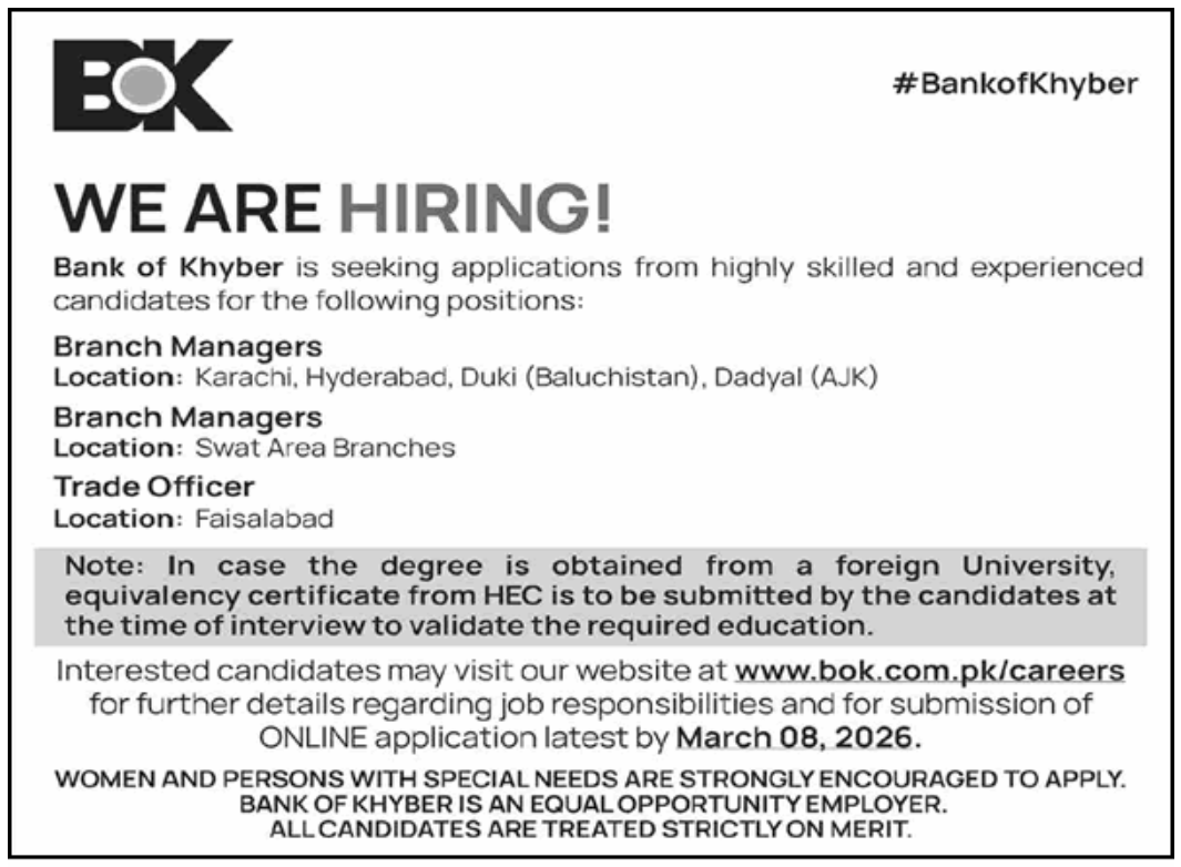 Bank of Khyber Jobs February 2026 Apply Online Branch Managers & Trade Officer Latest