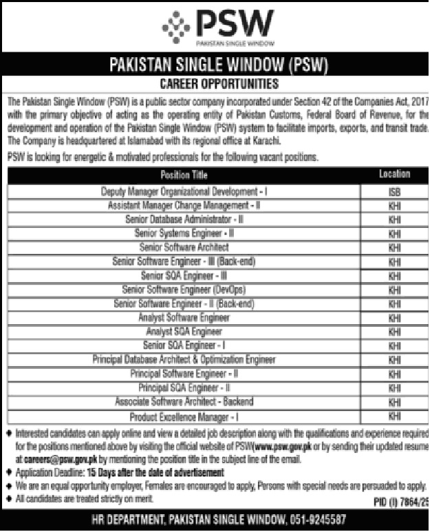 Pakistan Single Window Jobs March 2026 April Apply Online Software Engineers & Others PSW Latest