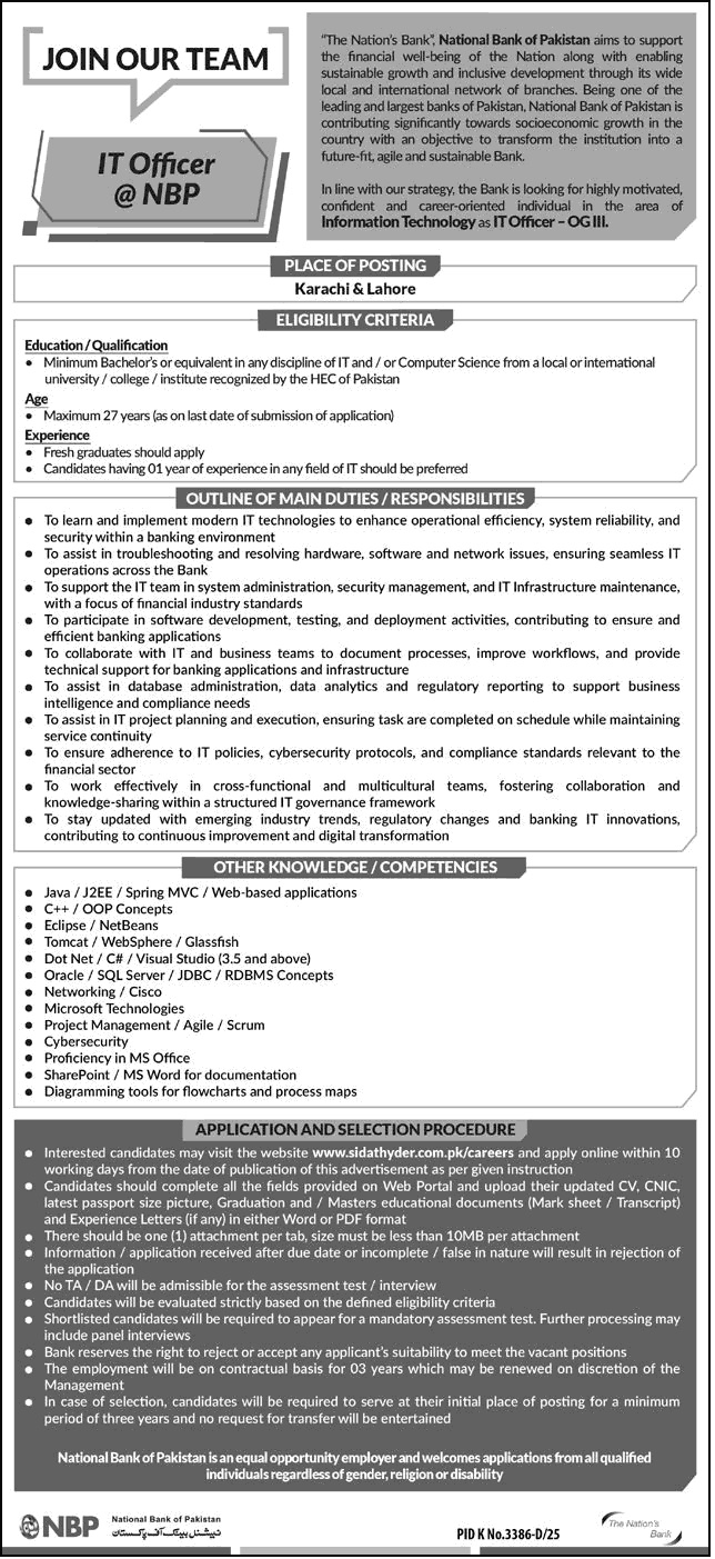 IT Officer Jobs in National Bank of Pakistan April 2026