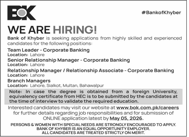 Bank of Khyber Jobs April 2026 May Apply Online Branch Managers & Others BOK Latest