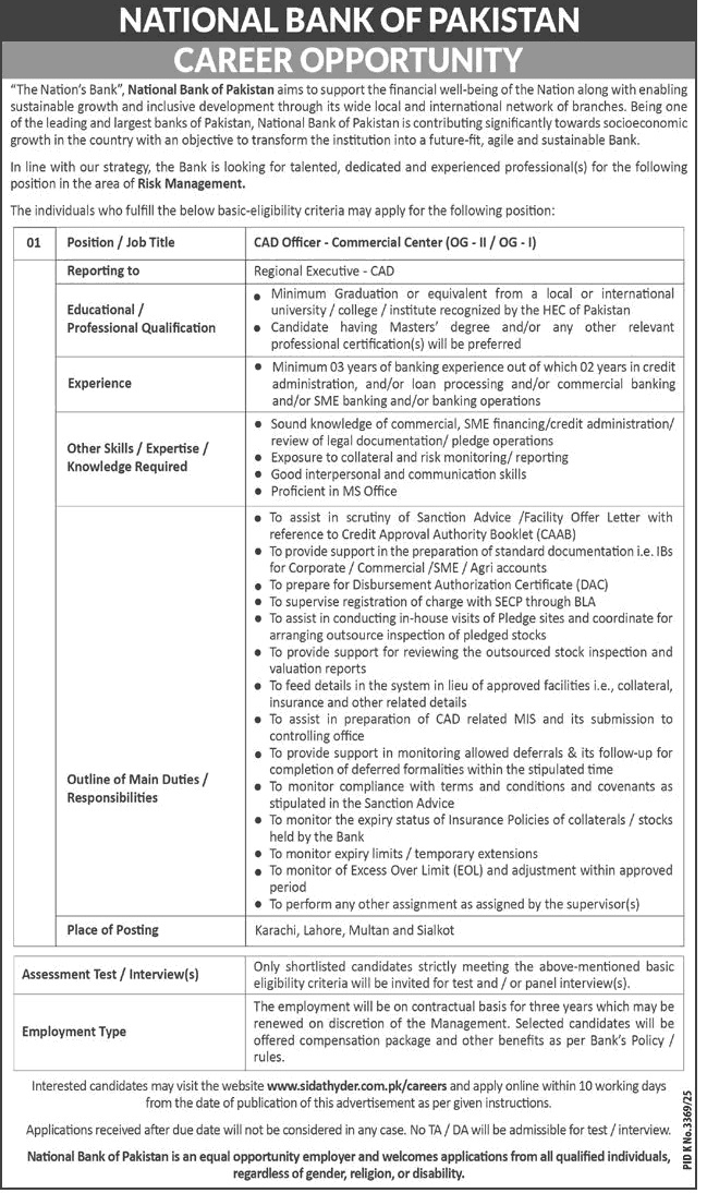 CAD Officer Jobs in National Bank of Pakistan April 2026 May Apply Online NBP Latest