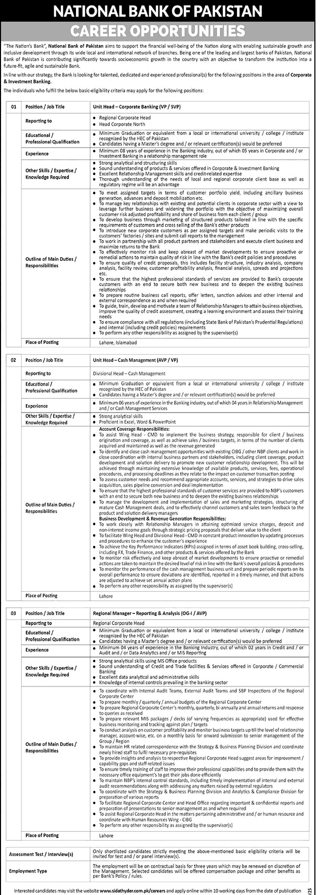 National Bank of Pakistan Jobs April 2026 May Apply Online Regional Manager & Unit Head Latest