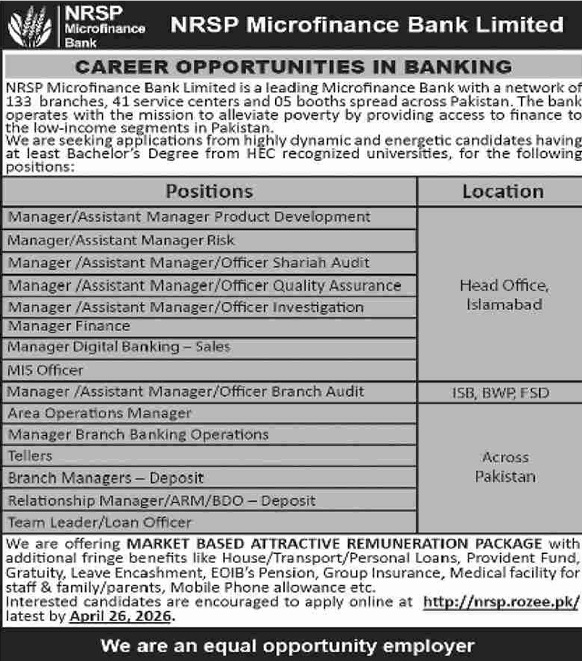 NRSP Microfinance Bank Jobs 2026 April Apply Online Tellers, Relationship / Branch Managers & Others Latest