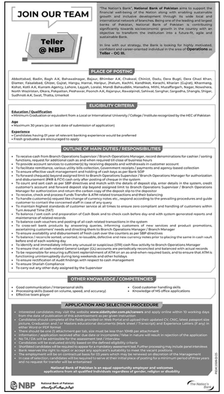 Teller Jobs in National Bank of Pakistan May 2026 Apply Online NBP Cash Officer / Cashier Latest