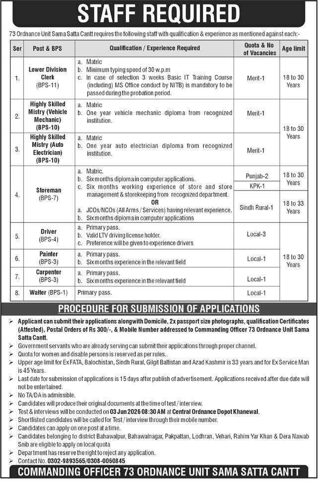 73 Ordnance Unit Sama Satta Cantt Jobs 2026 May Storeman, Drivers & Others Pakistan Army Latest
